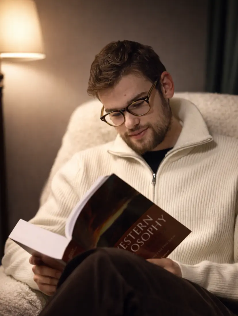 Christian läser en bok om västerländsk filosofi